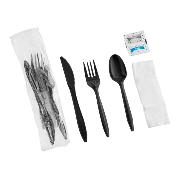 WRAPPED PLASTIC CUTLERY KIT 6 IN 1 Black